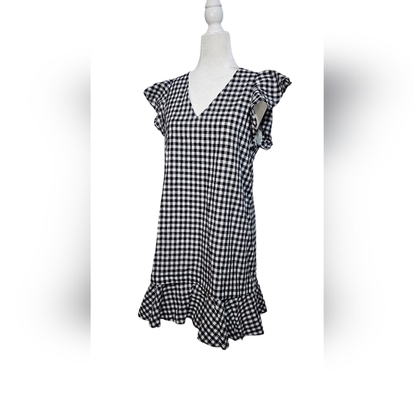 Madewell checkered black white and gray cap sleeve V-neck bell sleeves size 10 - Picture 4 of 12
